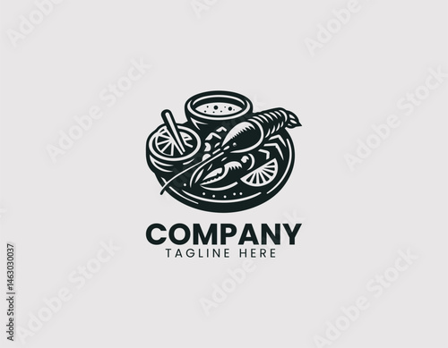 Vector logo illustration of cooked crab served on a plate with dipping sauce and spices. Flat cartoon food design for seafood restaurant branding and gourmet culinary visuals.