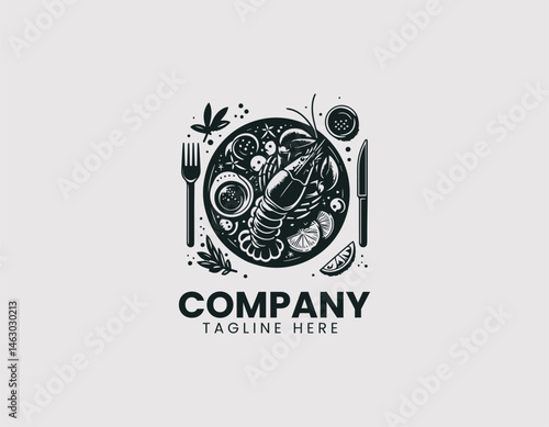 Vector logo of cooked lobster served on a plate with dipping sauce and lime. Flat cartoon food illustration for gourmet seafood branding and restaurant menu design.