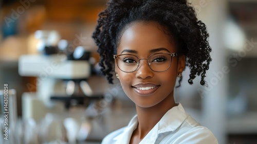 Young woman scientist wearing glasses and lab coat smiling confidently in a laboratory with scientific equipment in the background