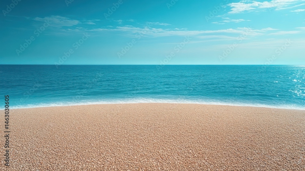 Fototapeta premium Calm seashore with gentle waves lapping against a pebble beach under a bright blue sky with light clouds