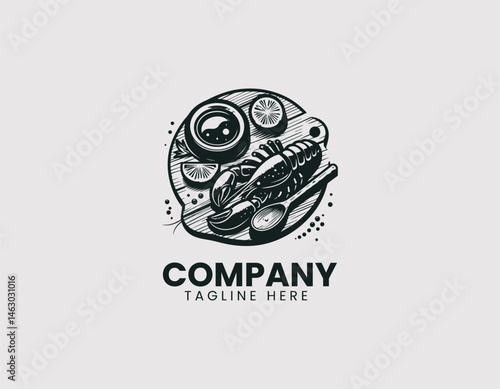 Vector food logo of a cooked lobster with lime and dipping sauce on a plate. Flat colorful cartoon illustration for seafood cuisine and gourmet restaurant menus.