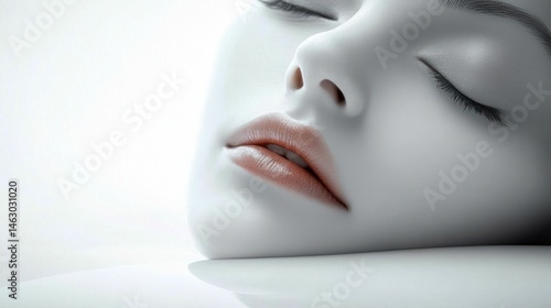 Close-up view of a serene face with closed eyes resting gently, highlighting smooth skin and soft natural lips in a calm and peaceful expression