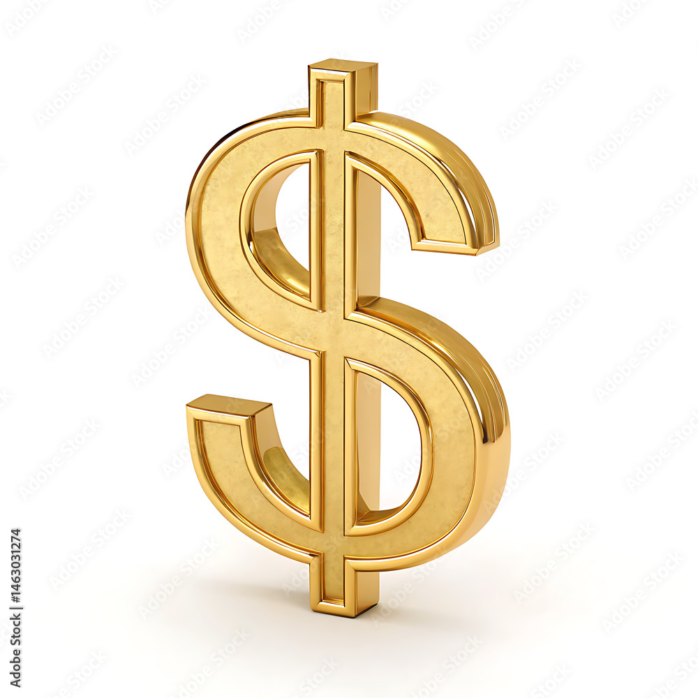 A shiny golden dollar sign standing upright on a white background with a subtle shadow beneath it A shiny golden dollar sign standing upright on a white background with a subtle shadow beneath it