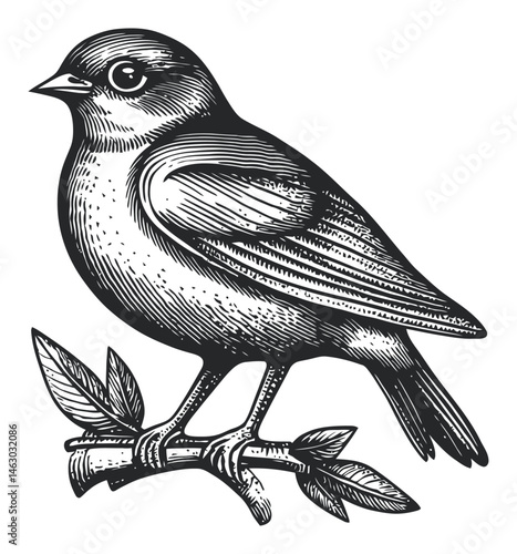 Vintage Hand-Drawn Bird Illustration with Branch and Leaves