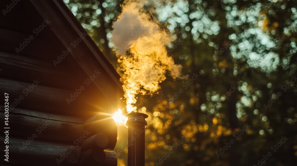 Obraz premium Sunset smoke cabin woods autumn forest warmth