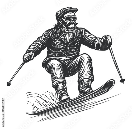 Vintage Illustration of a Skier in Retro Style on Ski Slopes