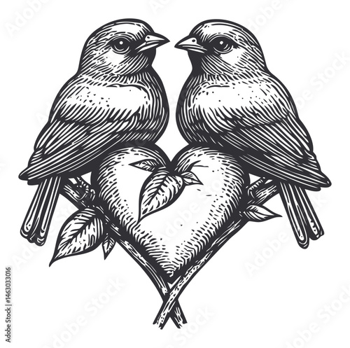 Vintage Style Illustration of Two Birds Nestled in Heart Shape