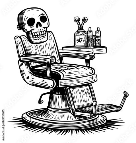 Vintage Skeleton in Barber Chair with Hair Products and Tools