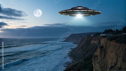 An unidentified flying object appears above a misty coastline with a powerful light beam shining downwards, suggesting an alien visitation, secret landing, or paranormal event near the ocean.
