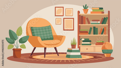A reading nook featuring a comfortable chair made of natural fibers a woven rug and shelves filled with books and potted plants.