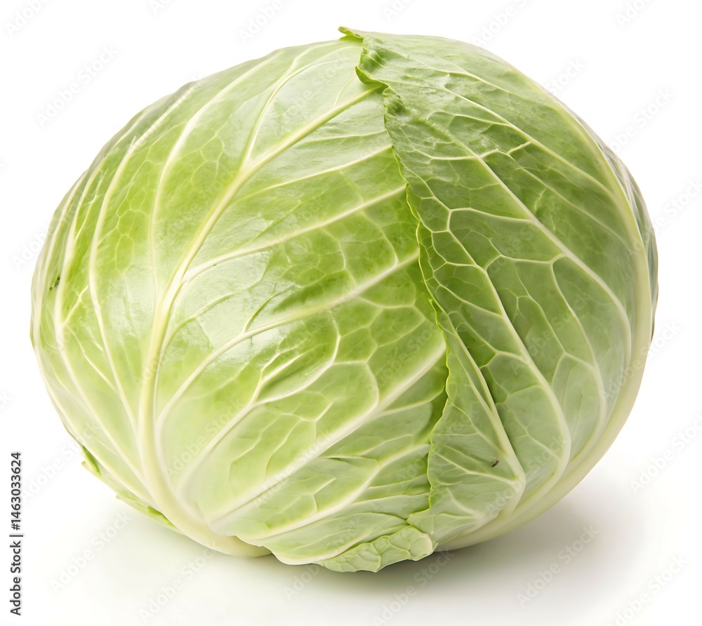 Fresh, Round Green Cabbage Head Isolated on White Background, Perfect for Illustrating Healthy Eating and Vegetable Concepts Fresh, Round Green Cabbage Head Isolated on White Background, Perfect for Illustrating Healthy Eating and Vegetable Concepts