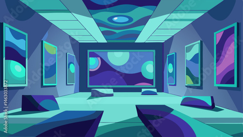 A room filled with large abstract paintings in shades of muted blues greens and purples.