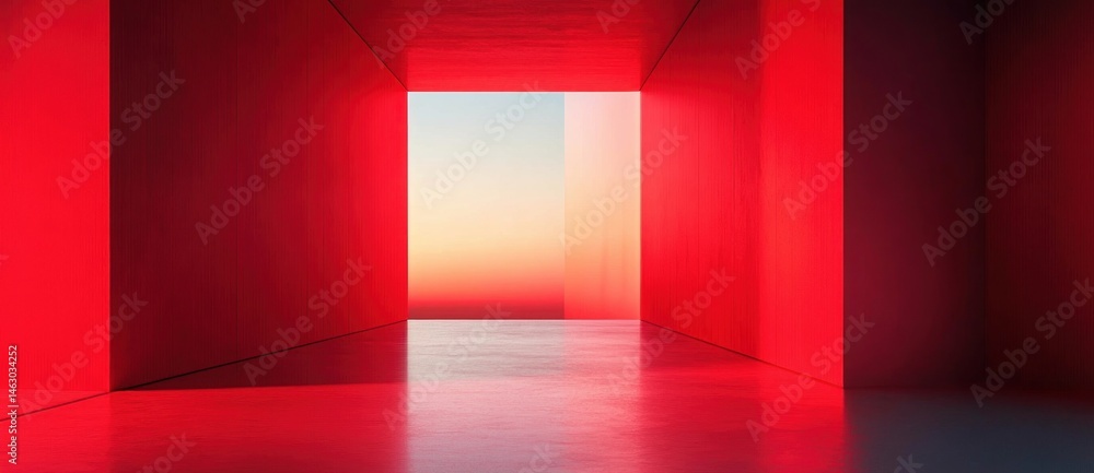 Obraz premium Minimalist empty red room with large square opening revealing gradient sky transitioning from soft orange to pale blue