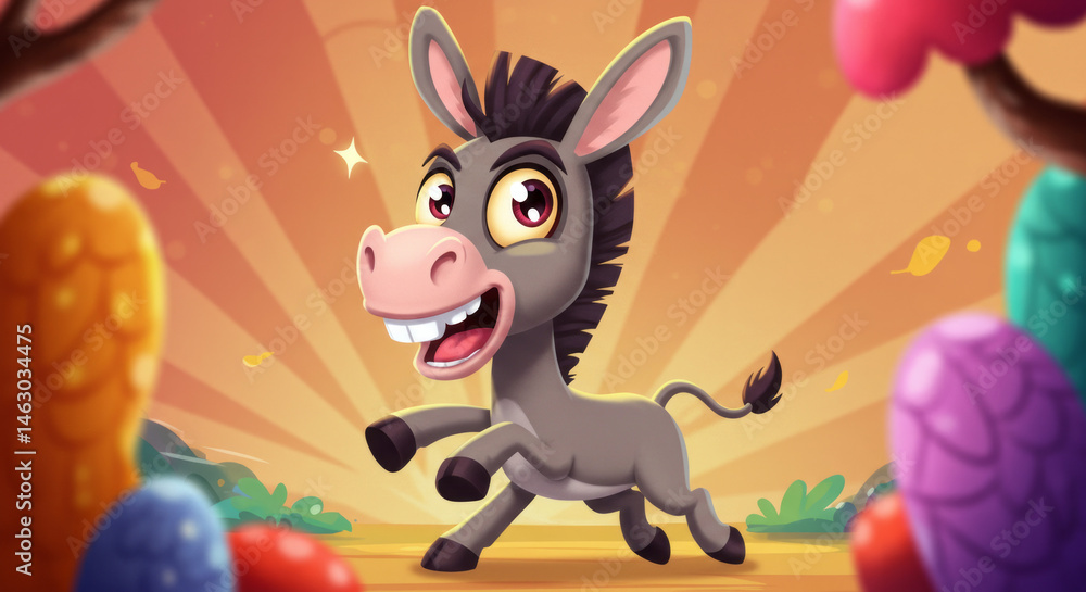 Naklejka premium Adorable cartoon donkey running joyfully through a colorful landscape with a cheerful expression and whimsical background radiating warm light