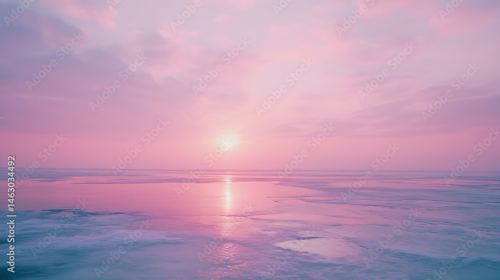 Naklejka premium A beautiful pink and purple sky with a sun setting over the ocean