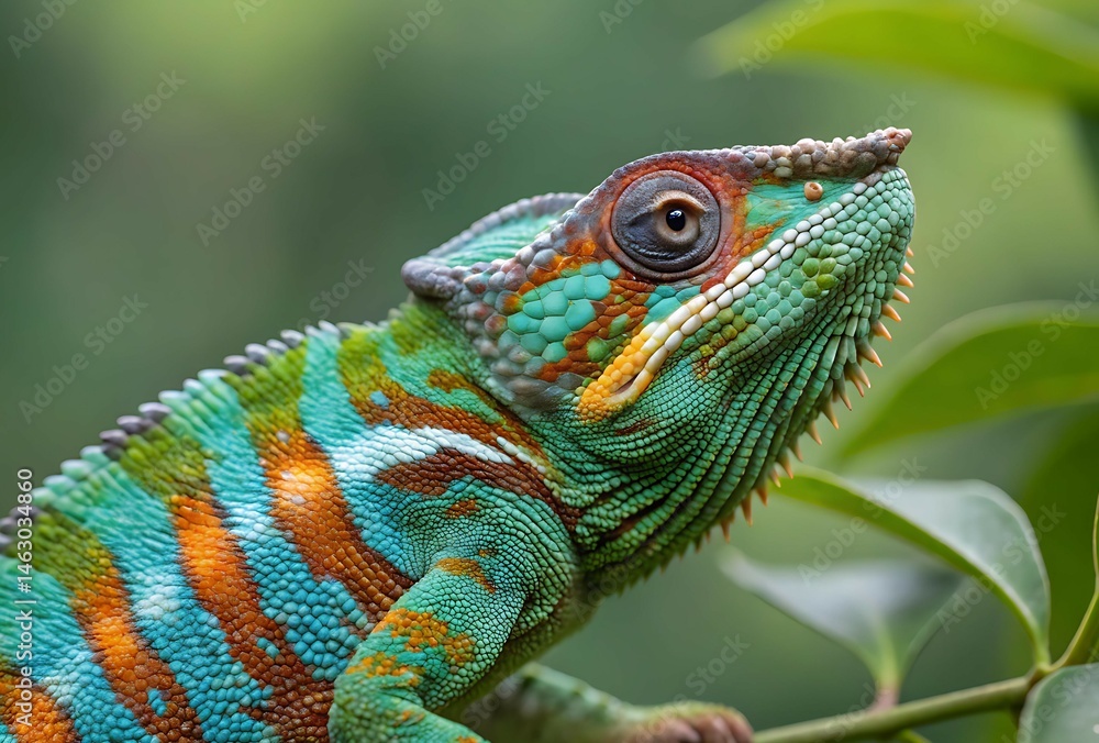 Obraz premium Captivating Close-Up of a Colorful Panther Chameleon with Turquoise, Orange, and Green Stripes Looking Upward While Perched on a Branch with Soft Green Foliage