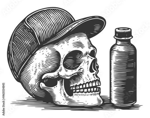 Skull with Cap and Bottle in Vintage Style Illustration
