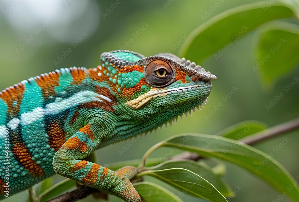 Obraz premium Striking Panther Chameleon with Teal, Orange, and Green Markings Resting on a Leafy Branch, Close-Up Wildlife Photography