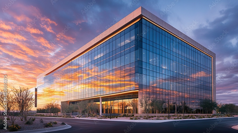 Obraz premium The evening sky casts warm and vibrant colors onto the reflective facade of a sleek business center, transforming the building into a canvas of sunset hues