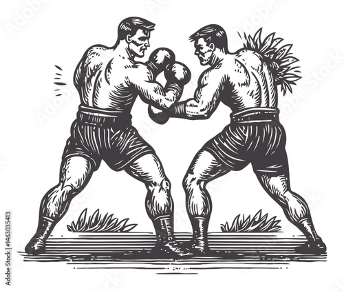 Vintage Boxing Match Illustration in Black and White Style
