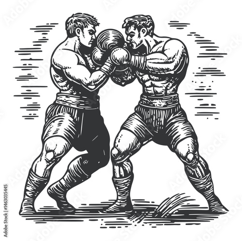 Vintage Boxing Match Illustration in Black and White Style