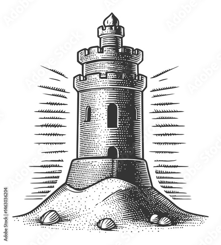 Vintage Engraved Tower Illustration with Rays and Sand Background