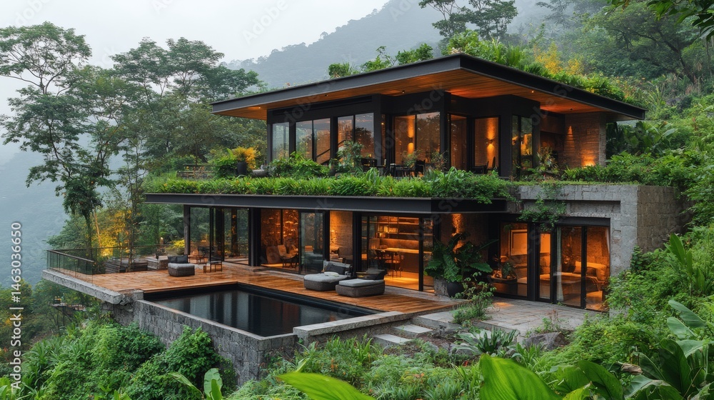 Modern mountain home with infinity pool blending seamlessly into lush surrounding greenery and nature views on foggy morning Modern mountain home with infinity pool blending seamlessly into lush surrounding greenery and nature views on foggy morning