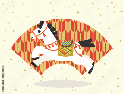 午年の年賀状などに使える和風に装飾をほどこした走る馬のイラスト