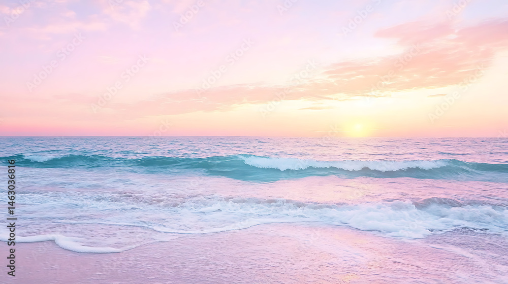 Obraz premium A beautiful beach scene with a pink and blue sky and a calm ocean