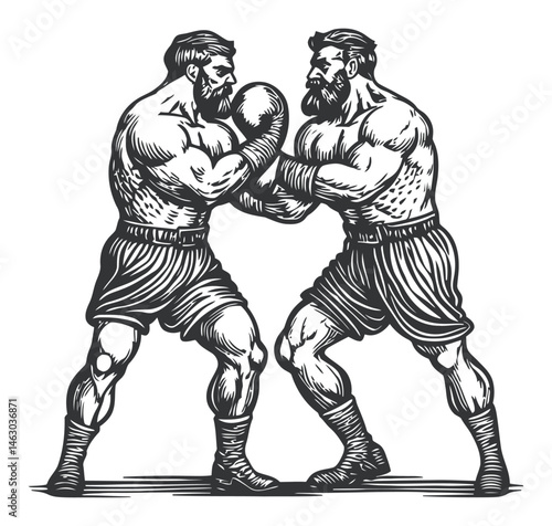 Vintage Illustration of Two Boxers Engaged in a Fight Scene