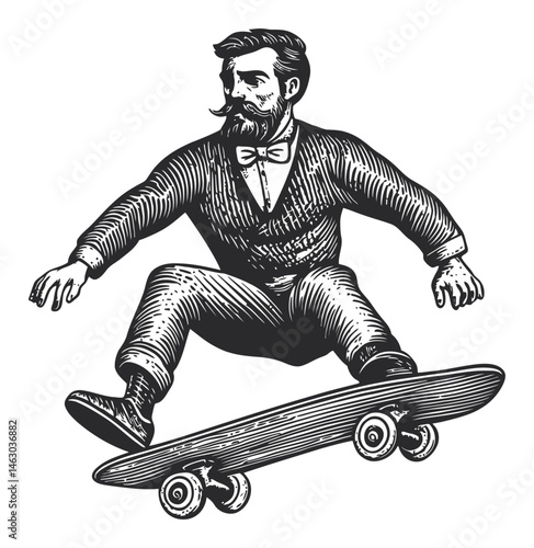Vintage Man Skateboarding in a Classic Suit and Bow Tie Illustration