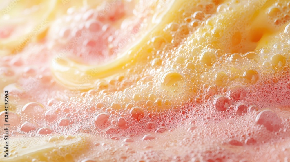 Fototapeta premium Pink creamy noodles with small bubbles closeup shot