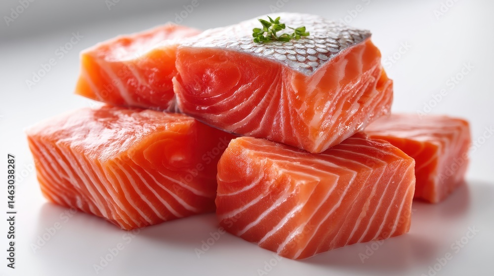 Stack of pink-orange raw salmon pieces with subtle silver skin showing, placed cleanly on a white background for a fresh, minimal look Stack of pink-orange raw salmon pieces with subtle silver skin showing, placed cleanly on a white background for a fresh, minimal look