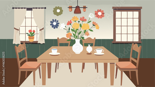 A rustic dining room with a wooden farmhouse table vintage floral print china and a bouquet of fresh wildflowers as a centerpiece.