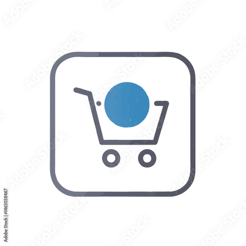A simple icon depicting a shopping cart with a blue circle inside a square button.