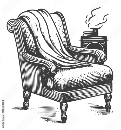 Cozy Vintage Armchair with a Warm Blanket and Cozy Stove Design