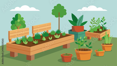 A section of the garden dedicated to growing fresh herbs with neatly labeled planters and a rustic wooden bench for visitors to sit and admire.