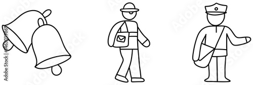 Notification bell icons symbolize alerts while mail carrier walks confidently delivering messages and police officer stands