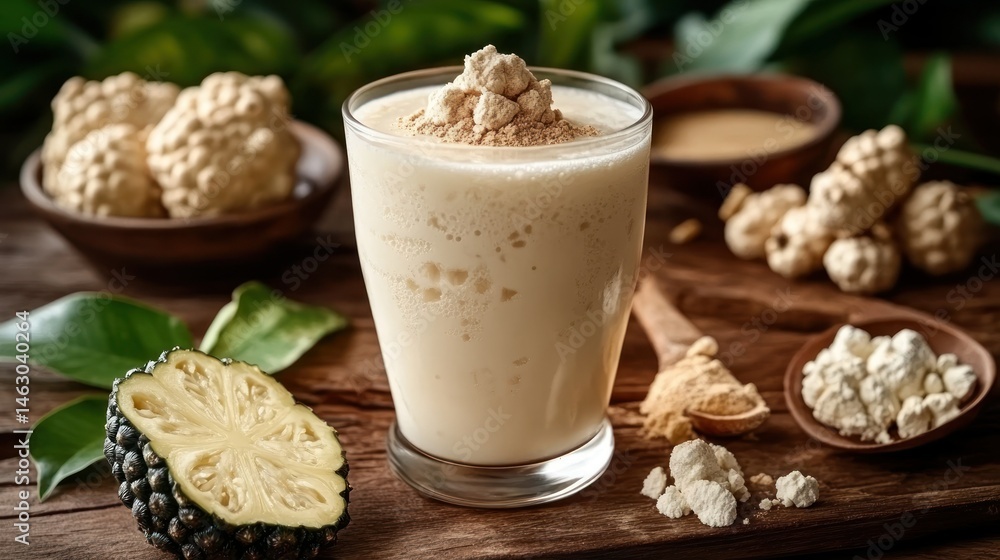 Creamy smoothie with a dusting of powder, alongside fresh ingredients Creamy smoothie with a dusting of powder, alongside fresh ingredients