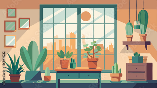 A sunfilled bedroom with a wall of windows and a collection of succulents and cacti lining the windowsill.