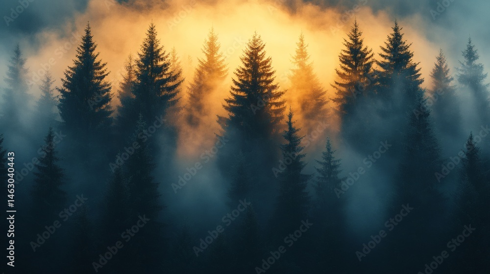 Dense coniferous woodland with heavy fog and golden sunlight filtering through the evergreen trees at dusk or dawn Dense coniferous woodland with heavy fog and golden sunlight filtering through the evergreen trees at dusk or dawn