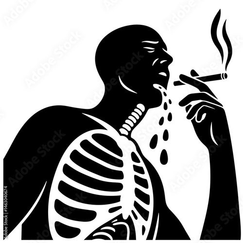 A black and white vector illustration of a man coughing up blood while smoking a cigarette. His ribs are visible, symbolizing the harmful effects of smoking.
