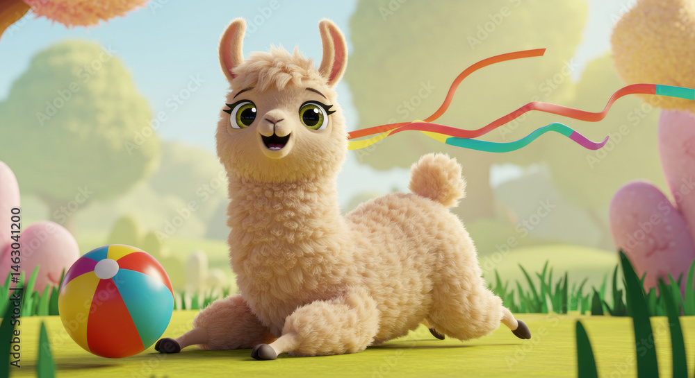 Obraz premium Cute cartoon llama playing with a beach ball in a sunny outdoor setting creating a joyful and playful scene perfect for children's content