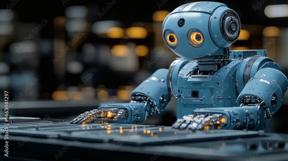 Futuristic robot examines intricate machinery, showcasing technological innovation and advanced manufacturing processes with glowing highlights Futuristic robot examines intricate machinery, showcasing technological innovation and advanced manufacturing processes with glowing highlights