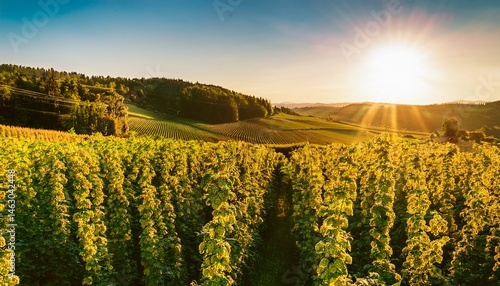 sunlit bavarian hops field close up with golden glow