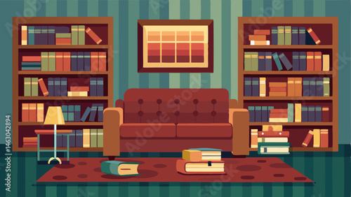 A study lined with bookcases filled with leatherbound books a leather Chesterfield sofa and a geometric patterned rug.