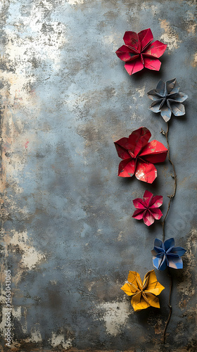 Colorful origami flowers arranged on a textured background