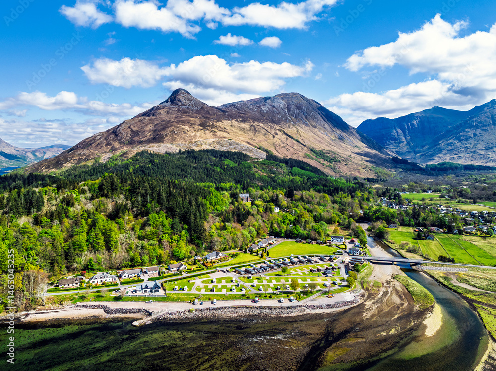 Loch Leven and Holiday Park from a drone, Glencoe, Highland, Scotland