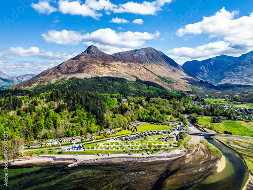 Obraz na płótnie Loch Leven and Holiday Park from a drone, Glencoe, Highland, Scotland w salonie