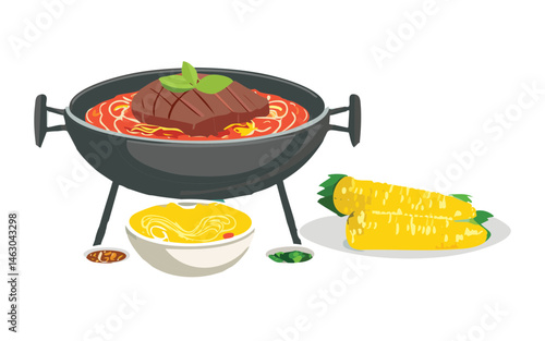 Beef Soup in Red Broth with Corn and Side Noodles - Vector Illustration